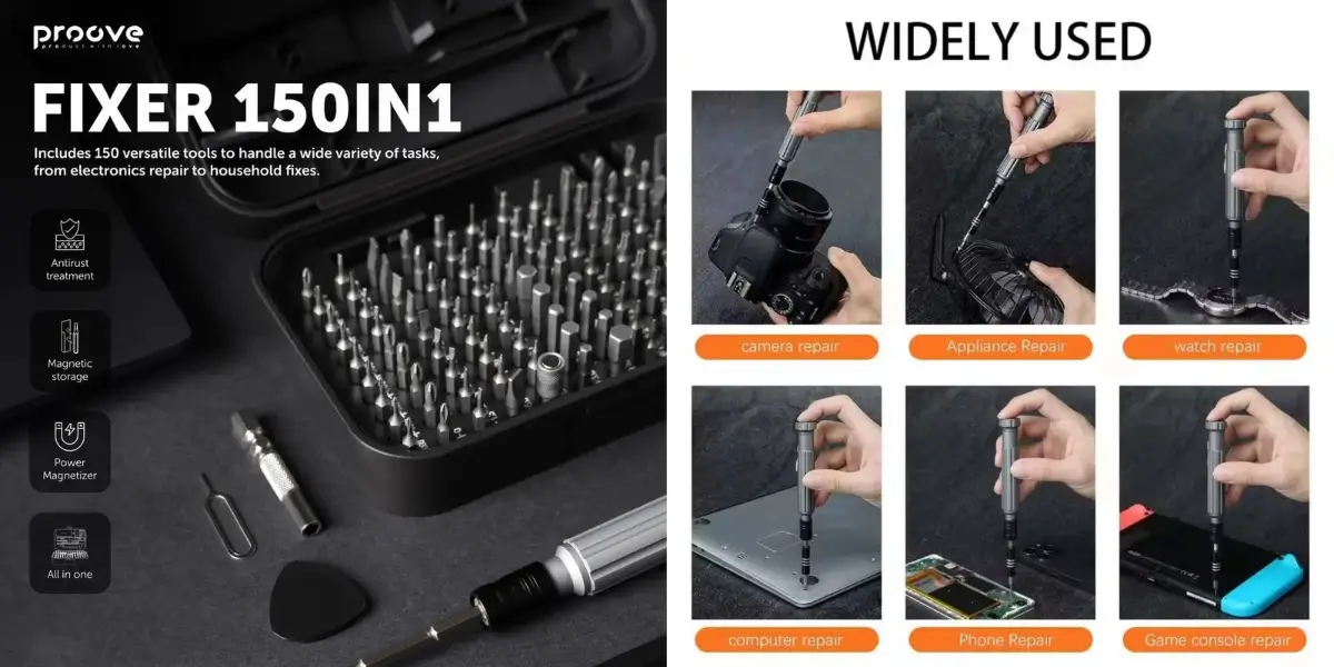Proove Fixer 150-in-1 Screwdriver Repair Tool Kit Set—Black