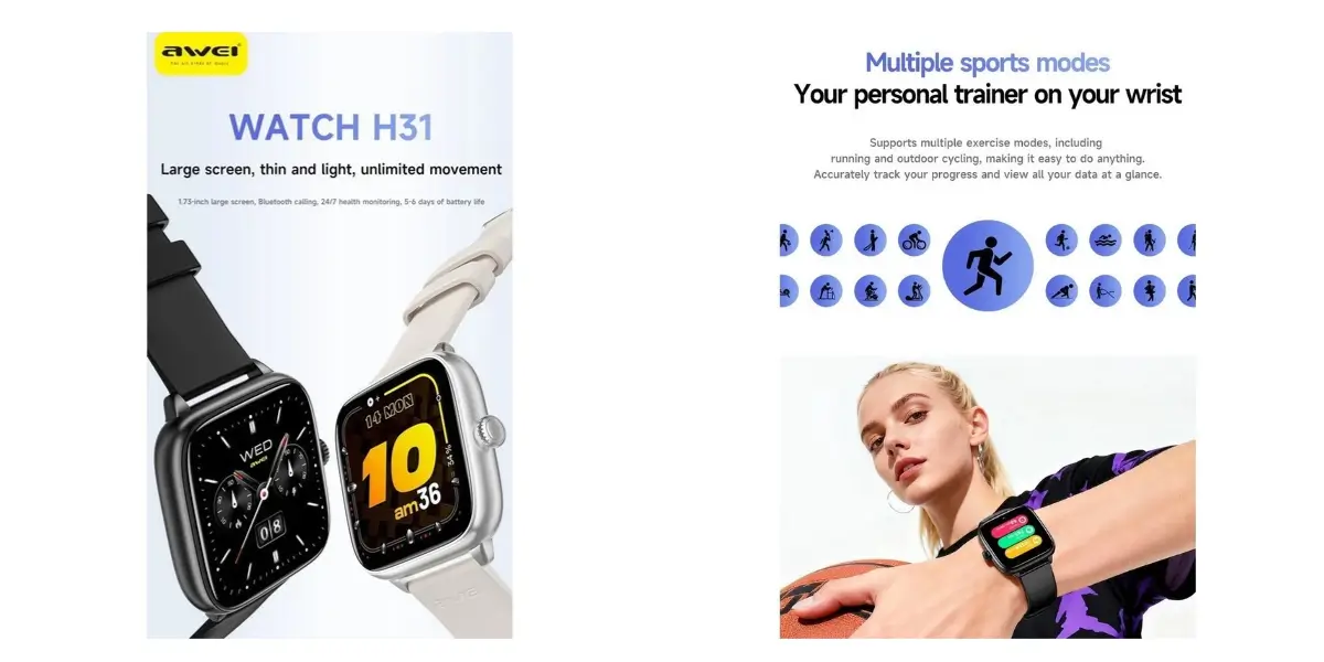 Awei H31 Bluetooth Calling Smart Watch with HD Screen