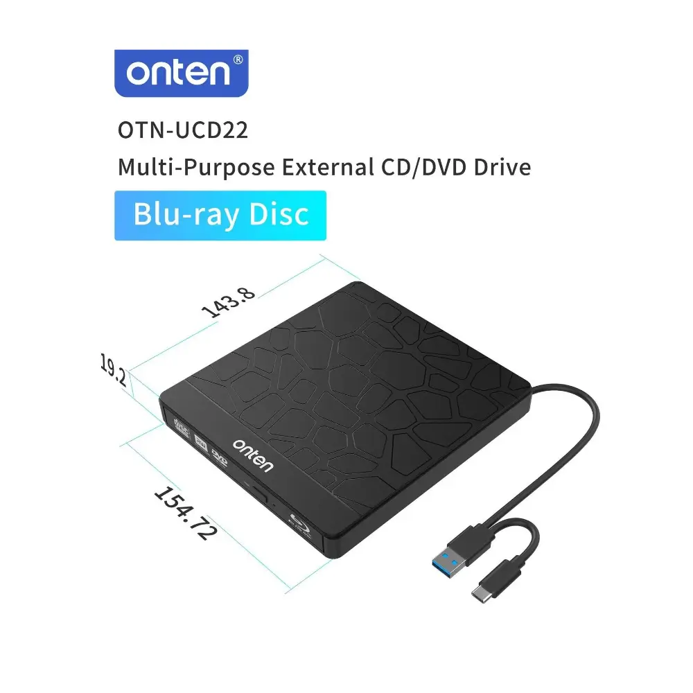 Onten OTN-UCD22 portable external DVD writer in black, top view Onten OTN-UCD22 portable external DVD writer in black, top view