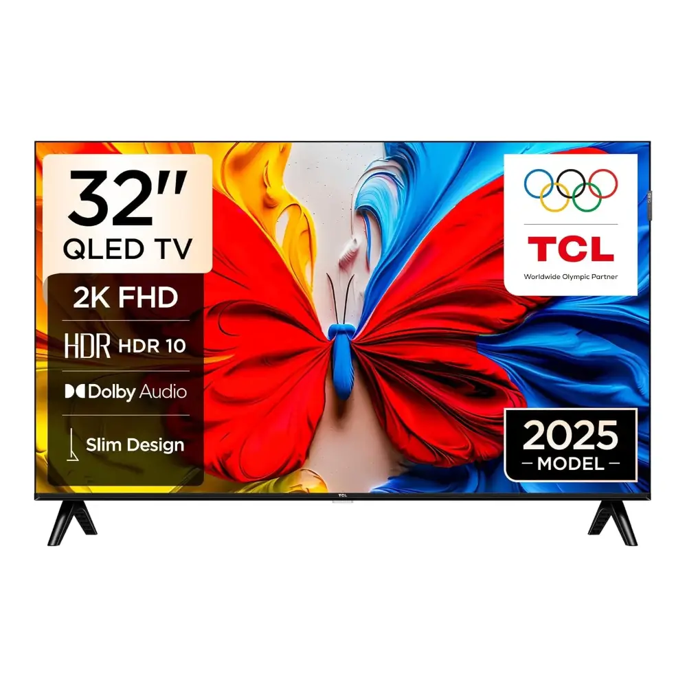 Close-up of TCL 32S5K slim design with QLED side mark Close-up of TCL 32S5K slim design with QLED side mark