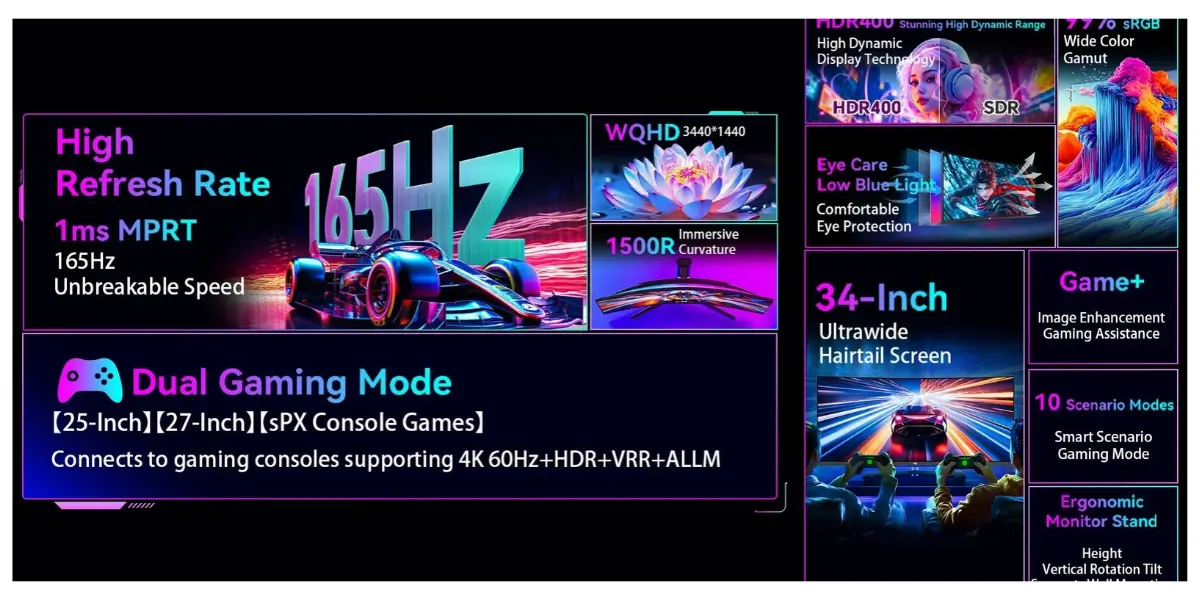 Titan Army C34A1R 34-Inch Curved Gaming Monitor 165Hz
