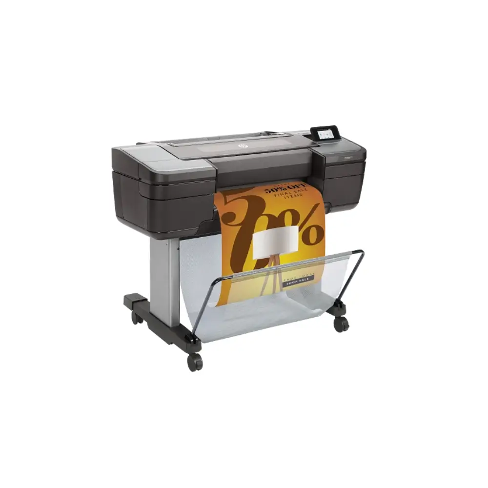 HP DesignJet Z6 printer producing high-contrast color print with fine detail