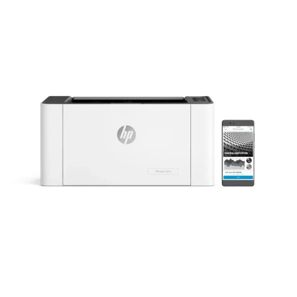 HP LaserJet 108w printer angled view with paper input tray HP LaserJet 108w printer angled view with paper input tray