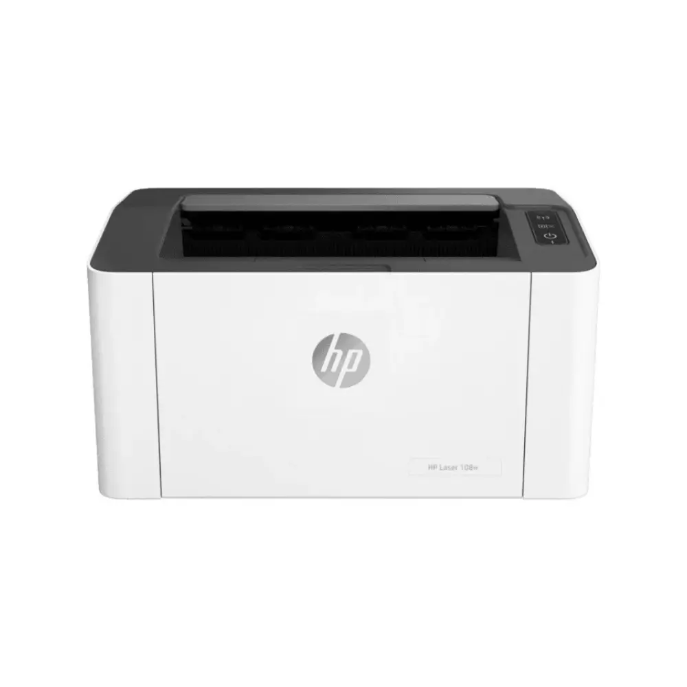HP LaserJet 108w white mono laser printer front view HP LaserJet 108w white mono laser printer front view