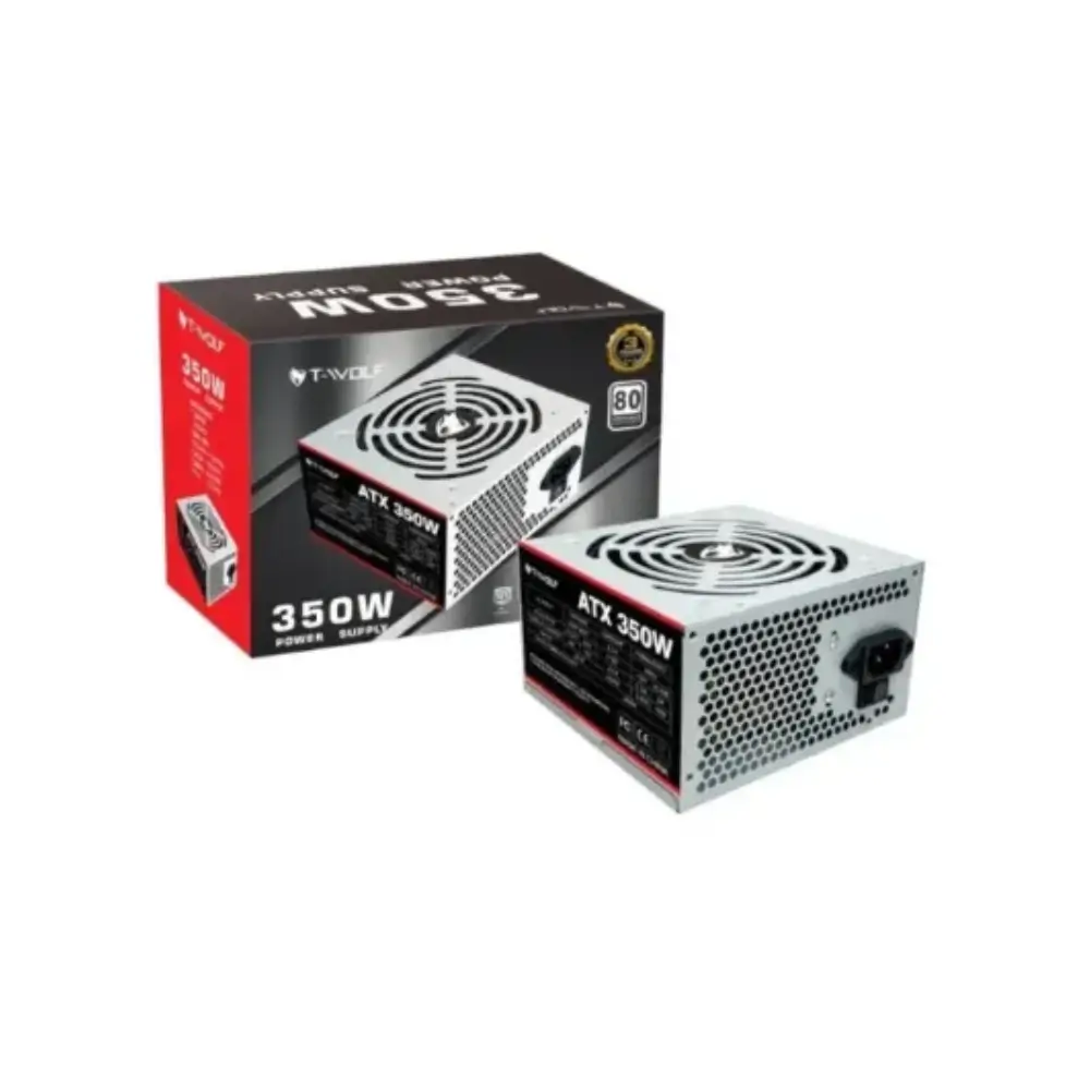 T-Wolf ATX 350W grey power supply unit front view T-Wolf ATX 350W grey power supply unit front view