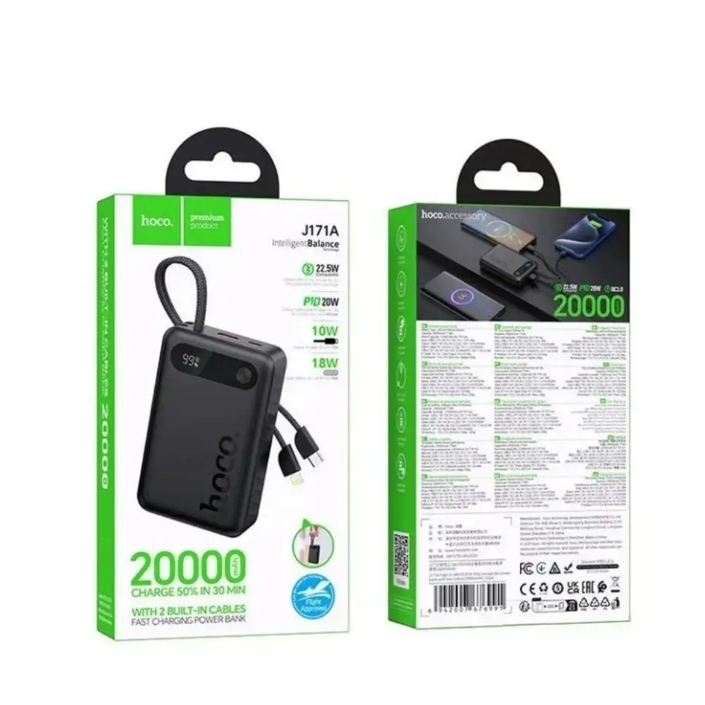 Built-in USB-C and Lightning cables on the Hoco J171A power bank