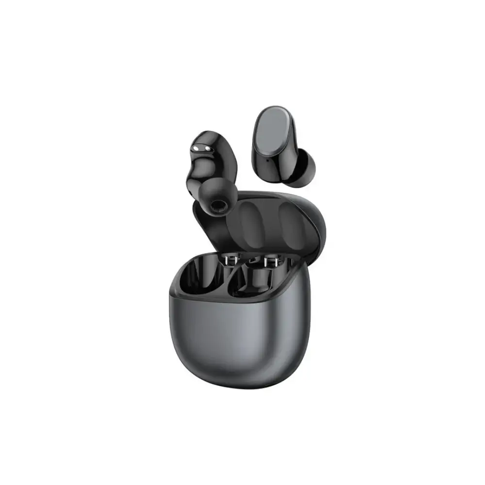 Person wearing WiWU T39 wireless earbuds while listening to music