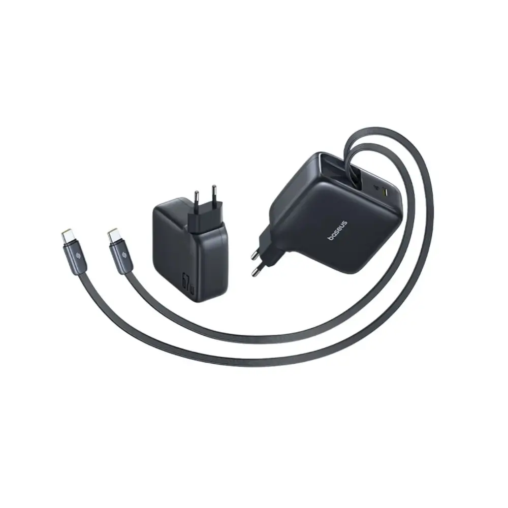 Baseus EnerCore CJ21 67W GaN fast charger with two retractable USB-C cables