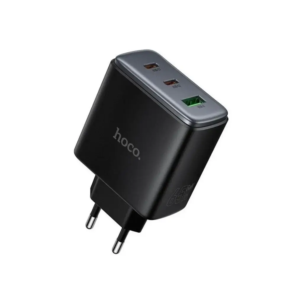 Hoco C160A 65W fast charger in black with two USB-C ports and one USB-A port