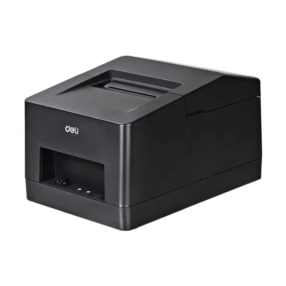 Deli E581PW receipt printer on a shop counter printing a receipt