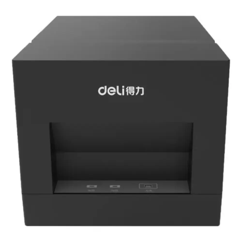 Close-up of Deli E581PW paper compartment and print output