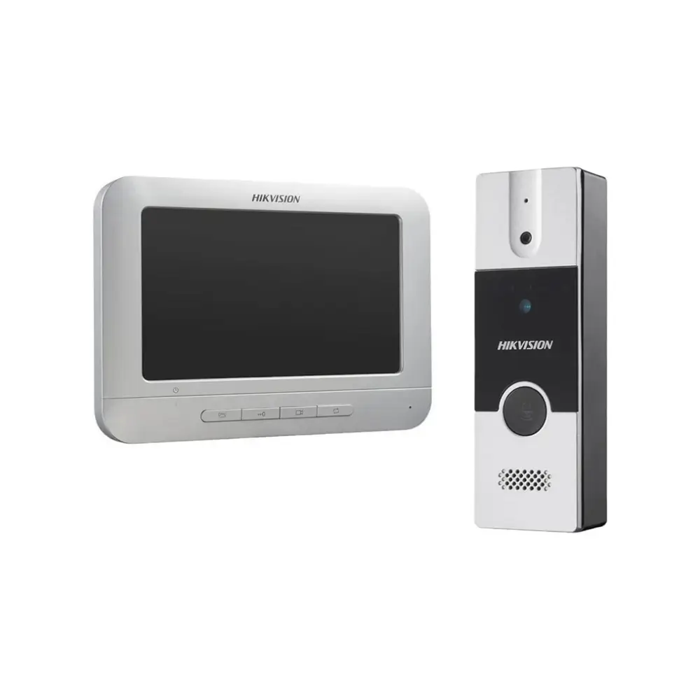 Close-up of the Hikvision DS-KIS204T door station camera and speaker