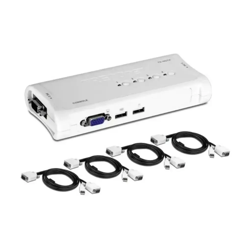 Compact 4-port KVM switch connecting multiple PCs to one desk setup