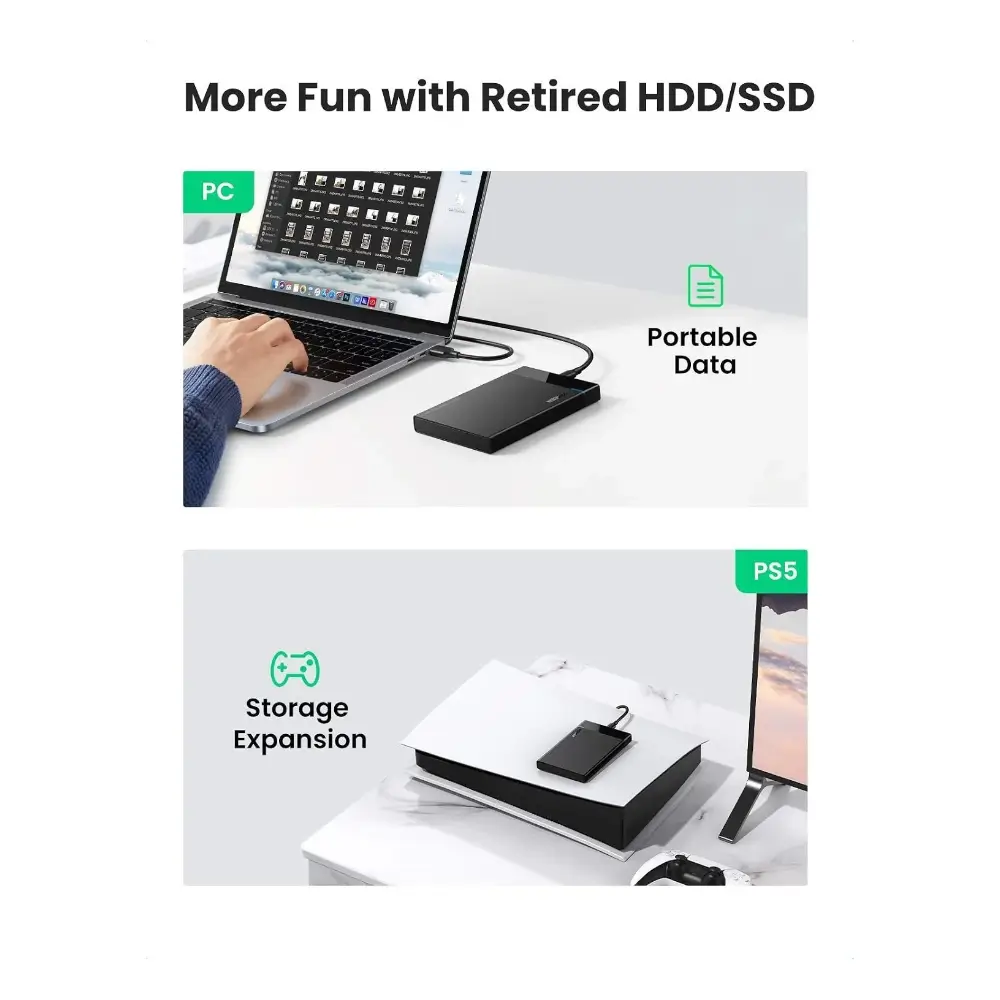 Slim UGREEN HDD enclosure used with a laptop on a desk Slim UGREEN HDD enclosure used with a laptop on a desk