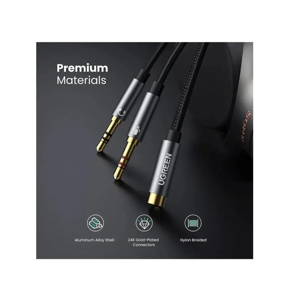 Black UGREEN headset splitter cable showing two 3.5mm male plugs