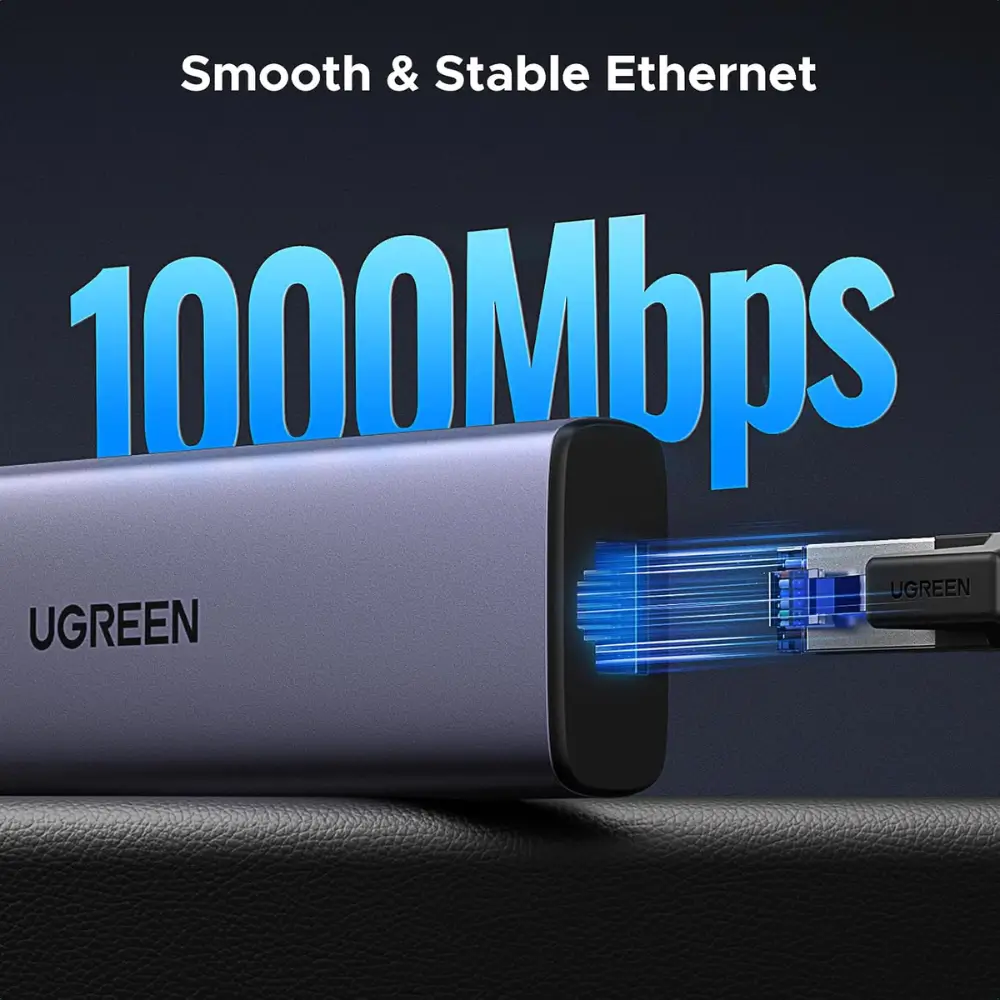 Laptop desk setup using the UGREEN CM512 USB C hub with monitor and Ethernet