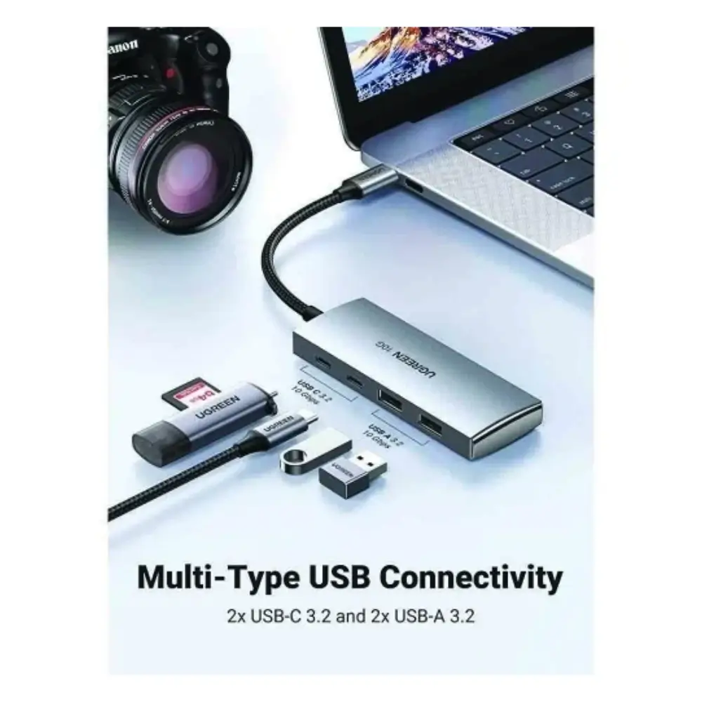 UGREEN 30758 USB-C hub connected to a laptop on a desk
