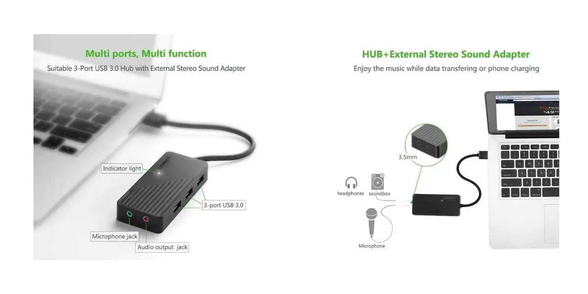 UGREEN 30421 USB 2.0 Hub with Stereo Sound Adapter