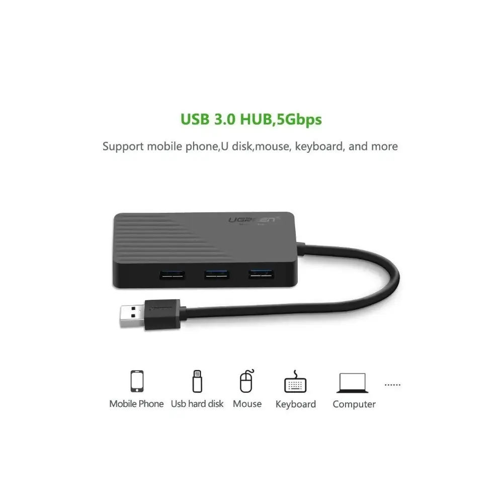 UGREEN USB hub connected to a laptop with headphones and mouse