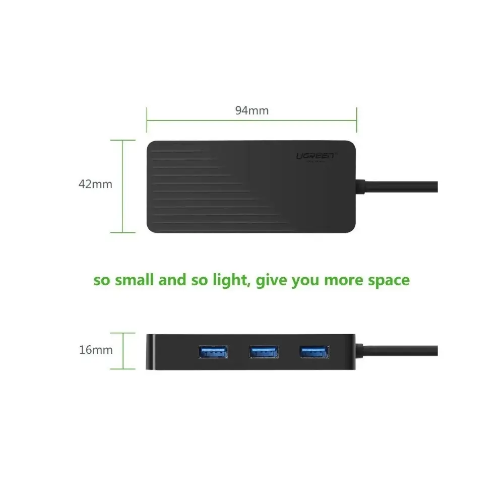 UGREEN 30421 3-port USB hub with stereo sound adapter in black