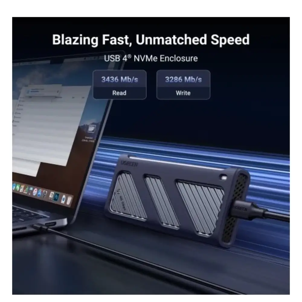 UGREEN CM850 SSD enclosure connected to a laptop for portable storage
