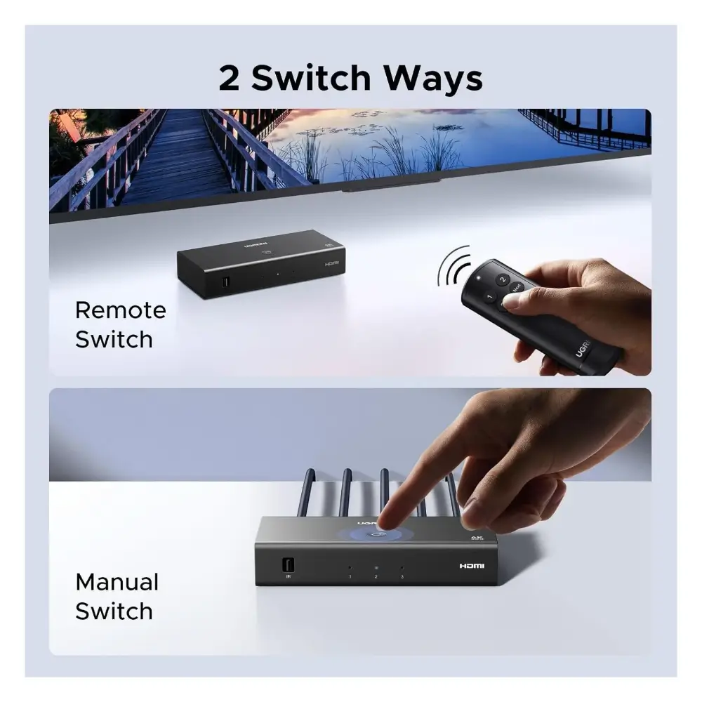 UGREEN HDMI switcher connecting three devices to one TV