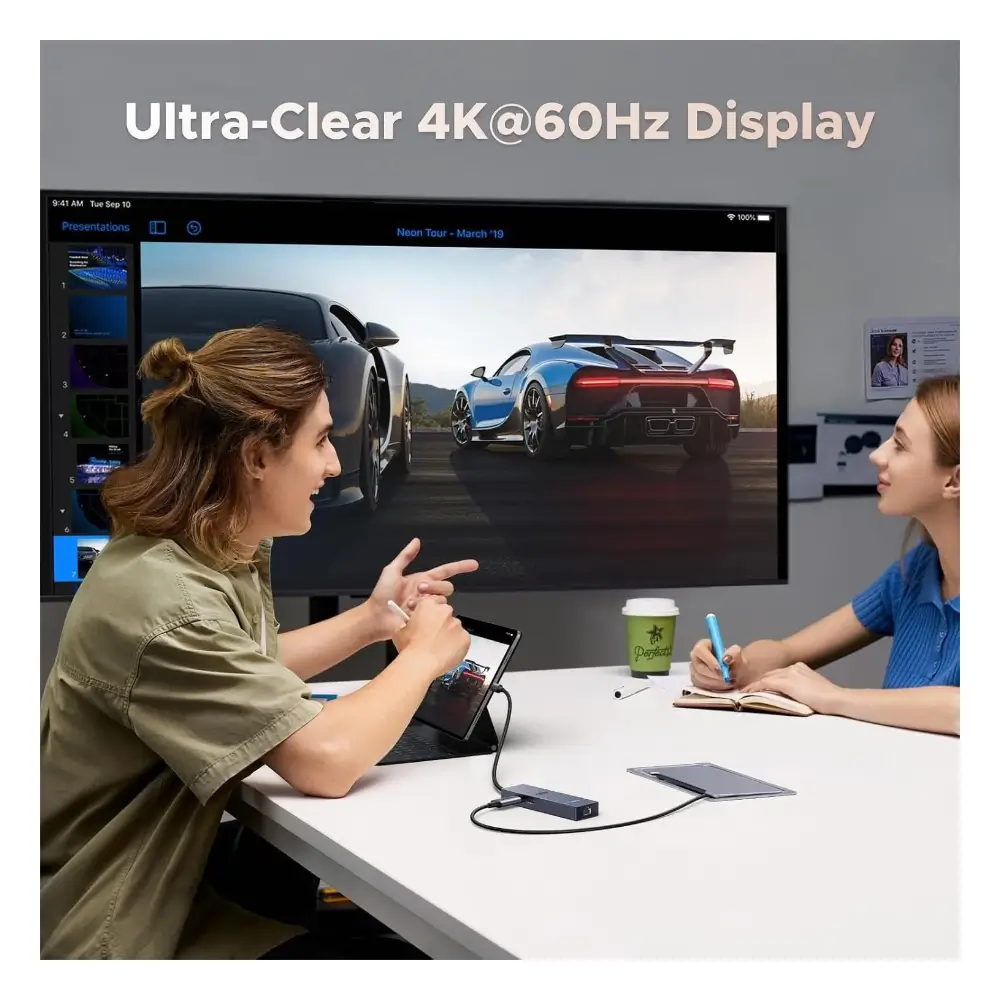 UGREEN CM828 docking station linking a laptop to a monitor and LAN