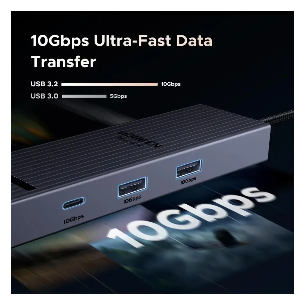 Close-up of USB-C PD and SD/TF card slot on UGREEN CM828 hub