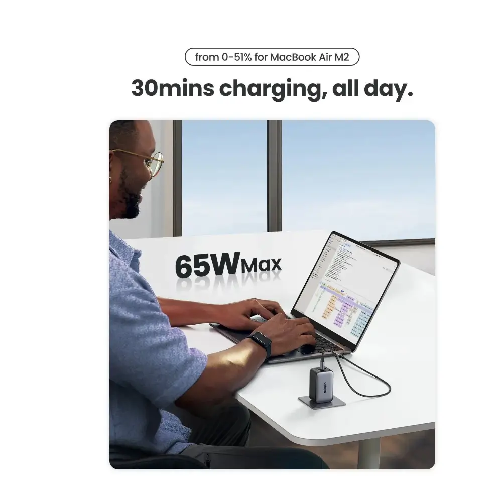 UGREEN 65W GaN fast charger plugged in on a clean work desk
