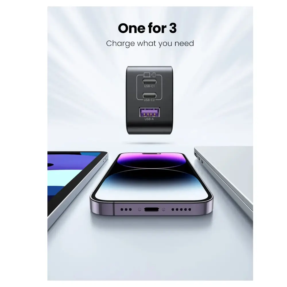 UGREEN 65W GaN charger showing 100-240V input and fast charging power