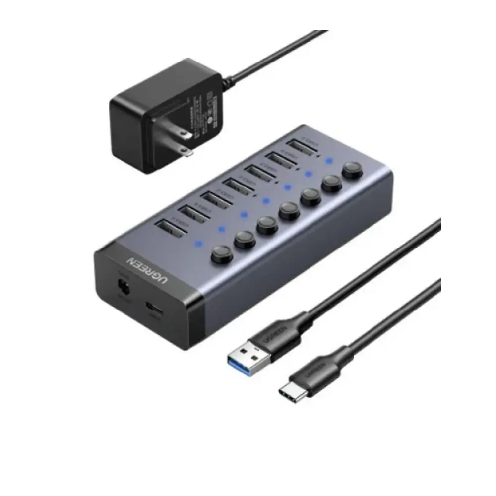 UGREEN 7-in-1 USB 3.0 hub with powered switch close-up
