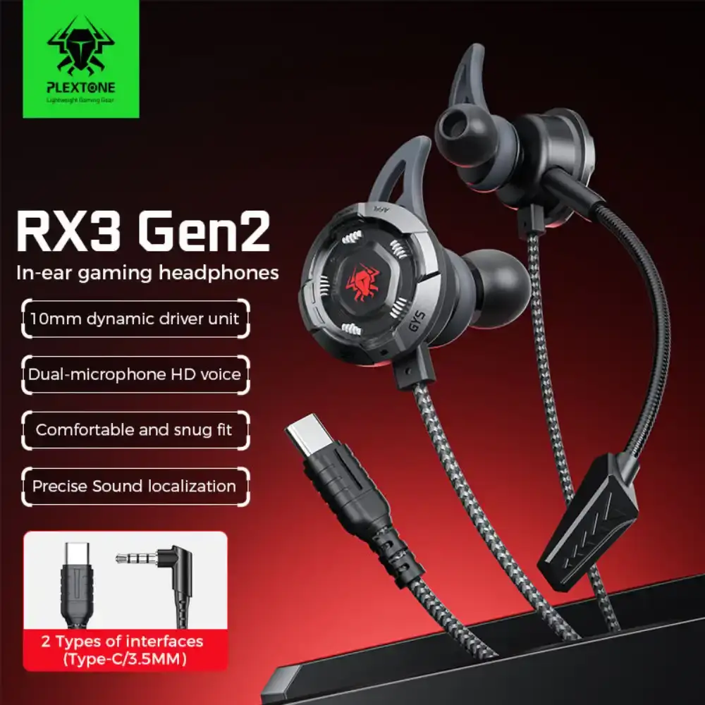 Plextone RX3 Gen 2 earphones shown next to a smartphone for size Plextone RX3 Gen 2 earphones shown next to a smartphone for size