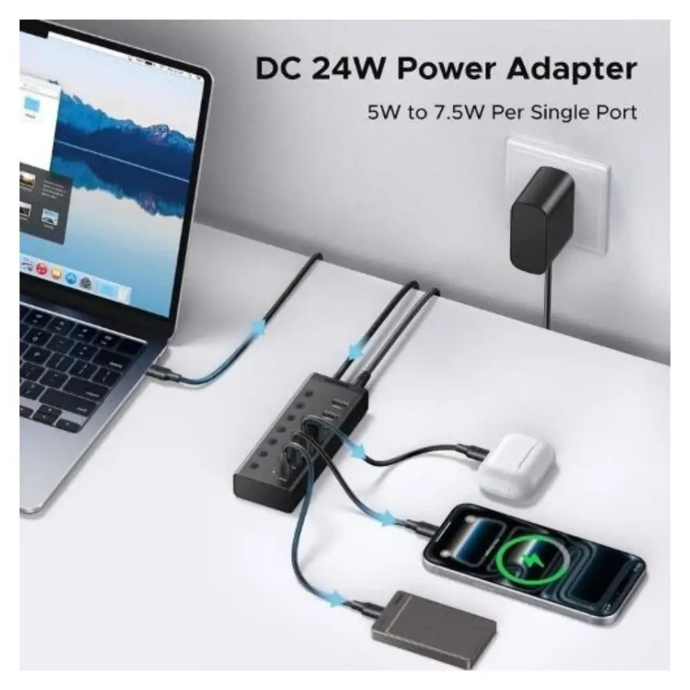 UGREEN USB C hub connected to a laptop on a work desk UGREEN USB C hub connected to a laptop on a work desk