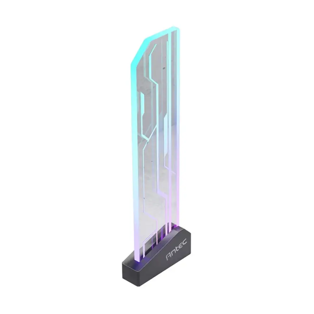 Edge-lit ARGB tempered glass GPU holder glowing inside a PC case
