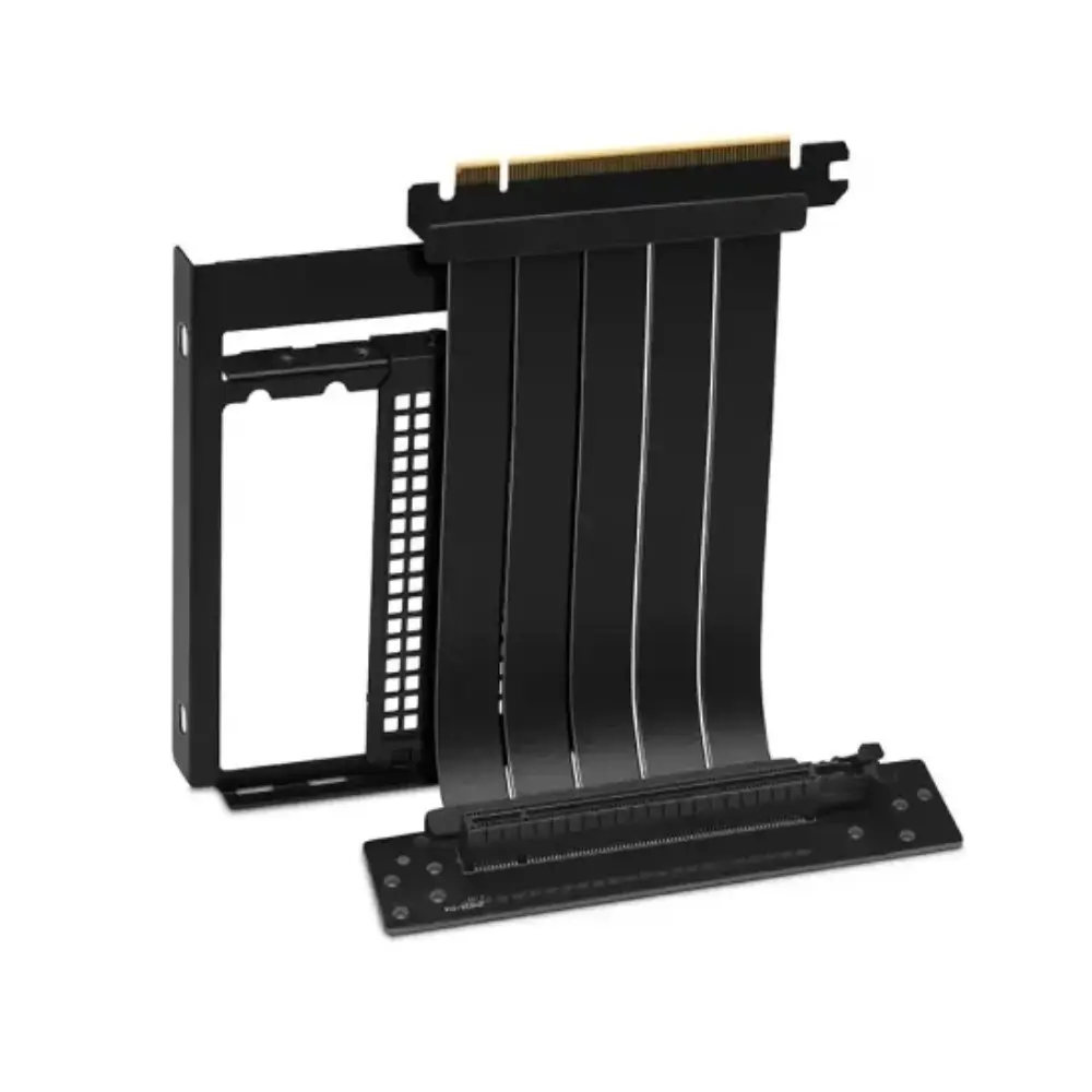 Close-up of the 140mm flexible PCIe 4.0 cable on the DeepCool GPU bracket