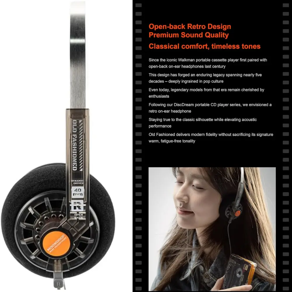 MOONDROP Old Fashioned on-ear headphone shown next to a hand for size