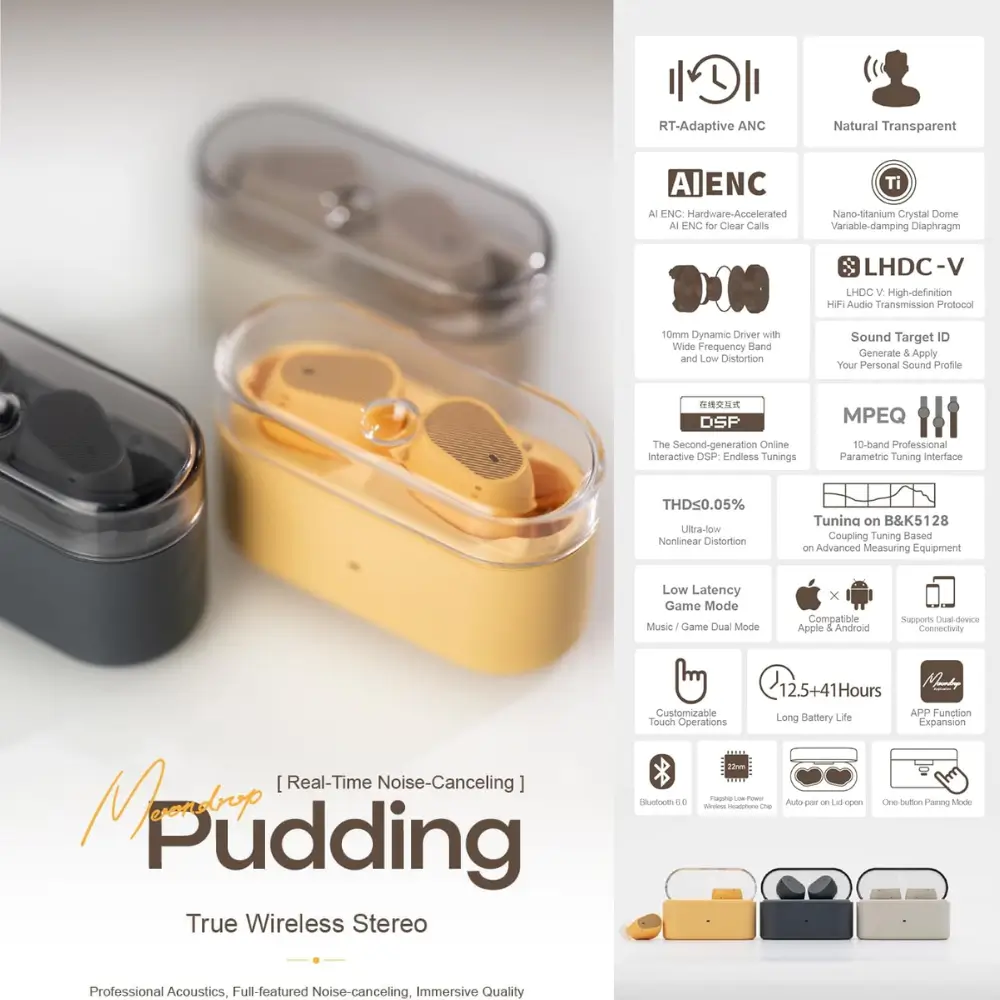Moondrop Pudding earbuds paired with a phone over Bluetooth 6.0 Moondrop Pudding earbuds paired with a phone over Bluetooth 6.0