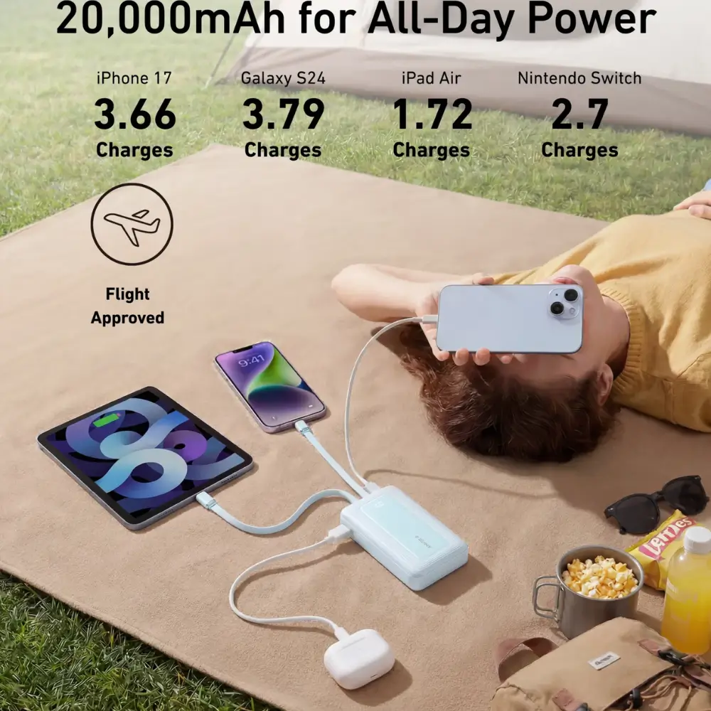 Close-up of Anker Zolo built-in USB-C and Lightning cables