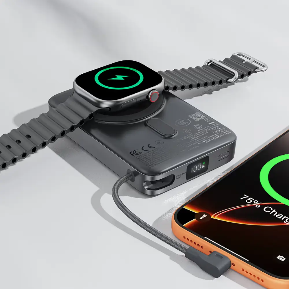 Phone charging on ACEFAST M40 fold-out stand during work at a cafe