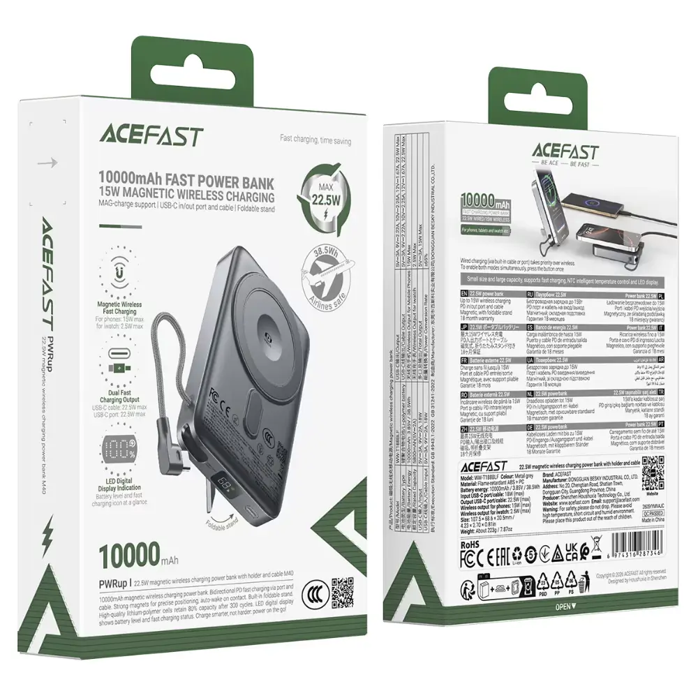 ACEFAST M40 10,000mAh power bank size comparison at 107.5 x 68.6mm