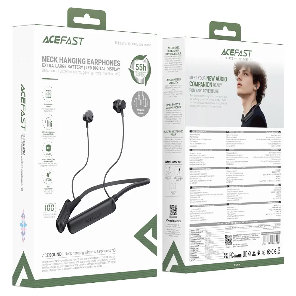 ACEFAST N8 IPX4 waterproof neckband resting around the neck