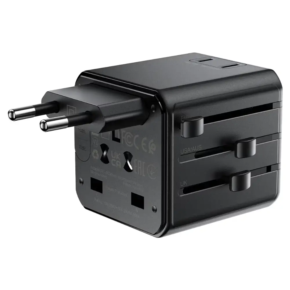 Traveler using ACEFAST Z11 universal plug adapter in a hotel room Traveler using ACEFAST Z11 universal plug adapter in a hotel room