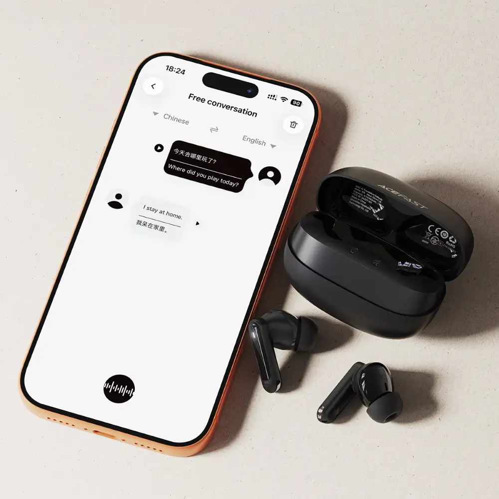 Acefast W8 Bluetooth 6.0 earbuds paired with a smartphone translation app