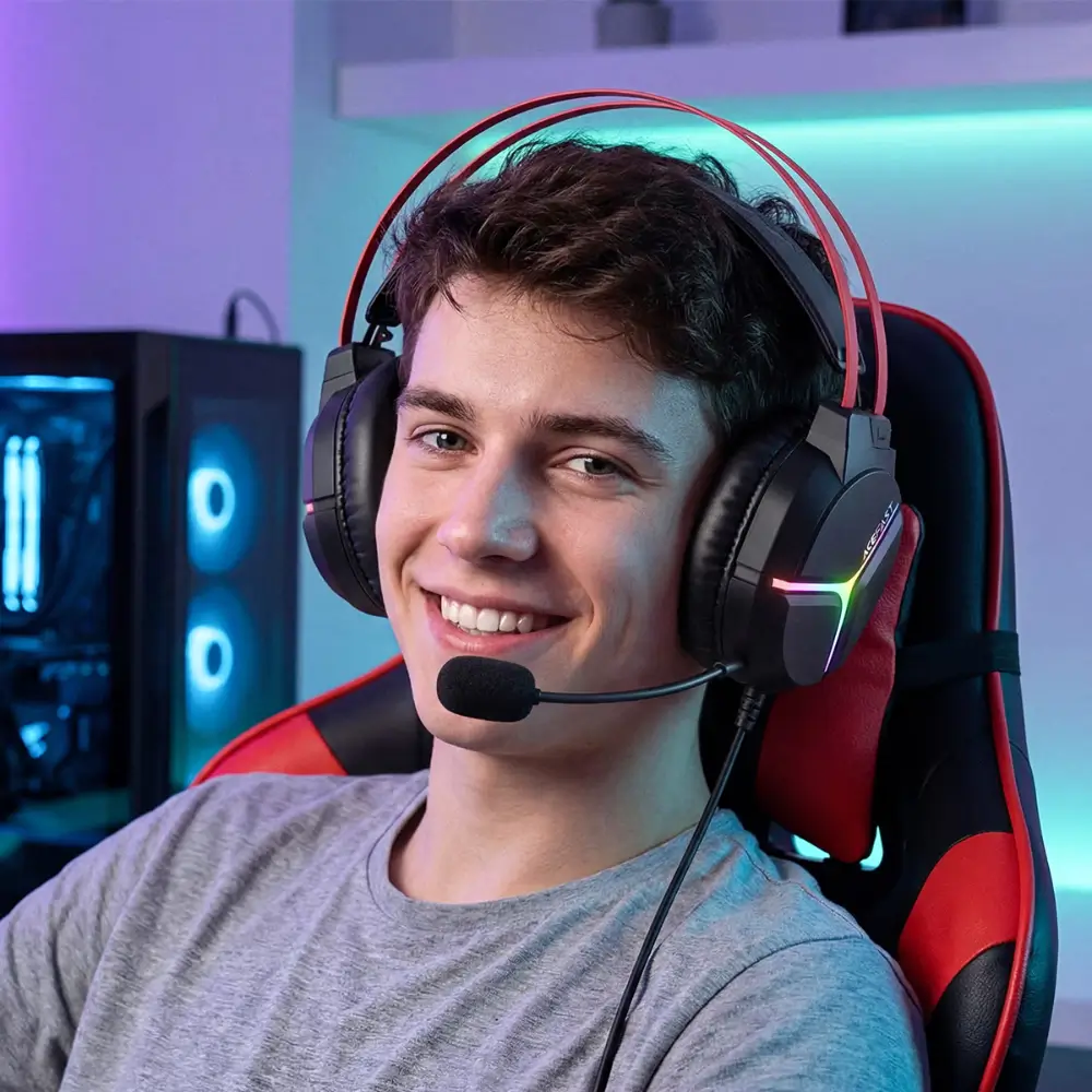 ACEFAST H16 headset shown beside a desk gaming setup