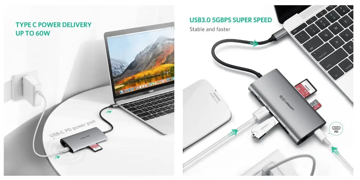 UGREEN CM121 Hub Gigabit Lan USB 3 Ports Closeup