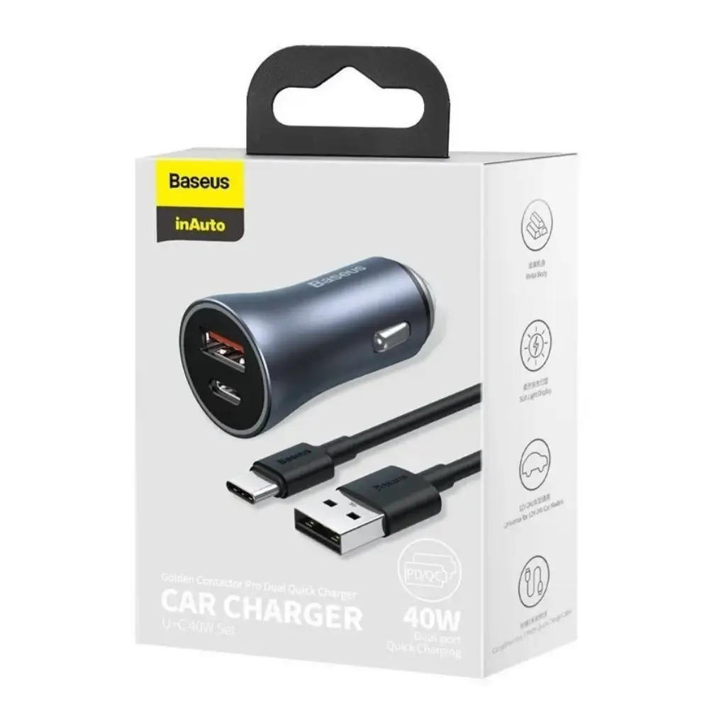 Baseus Golden Contactor Pro 40W Dual Car Charger Dark Gray Baseus Golden Contactor Pro 40W Dual Car Charger Dark Gray