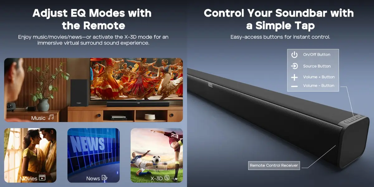 TRIBIT S1 Soundbar Bluetooth HDMI USB Aux Inputs